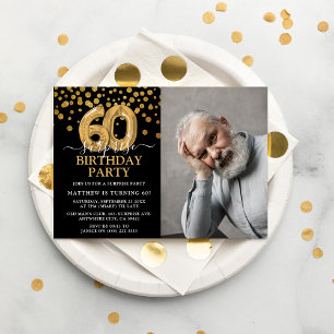 Invitation Black & Gold moderne 60e photo d'anniversaire surp