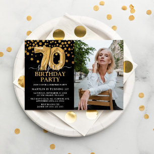 Invitation Black & Gold moderne 70e photo d'anniversaire surp