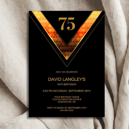 Invitation Black Gold moderne 75e fête d'anniversaire
