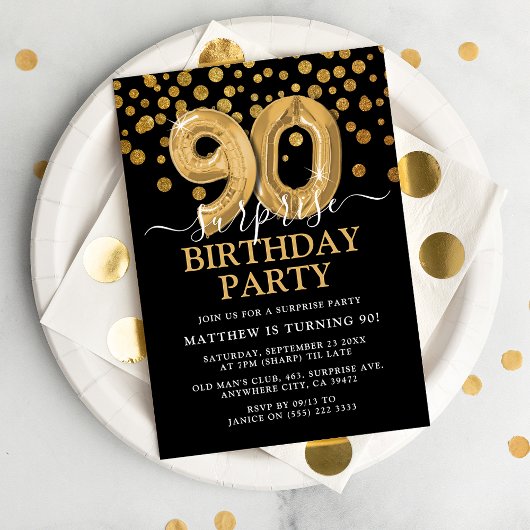 Invitation Black & Gold moderne 90e fête d'anniversaire surpr