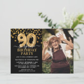 Invitation Black & Gold moderne 90e photo d'anniversaire surp (Debout devant)