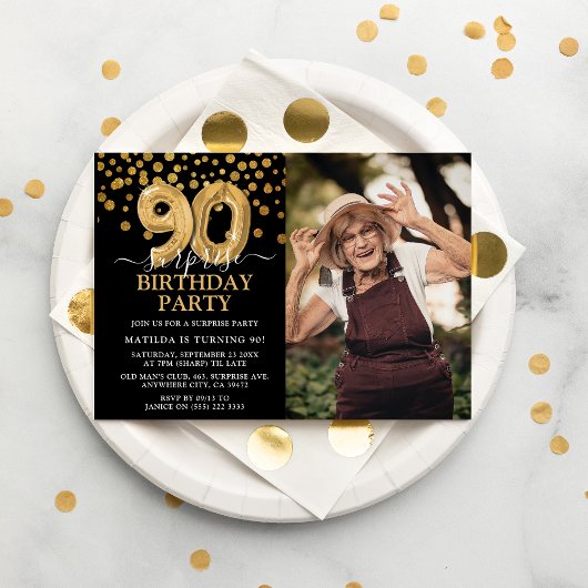Invitation Black & Gold moderne 90e photo d'anniversaire surp