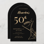 Invitation Black Gold moderne Cocktail 50th Birthday (Devant / Derrière)