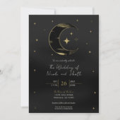 Invitation Black & Gold Moderne Lune Céleste Étoiles Mariage (Devant)