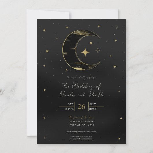 Invitation Black & Gold Moderne Lune Céleste Étoiles Mariage (Devant)