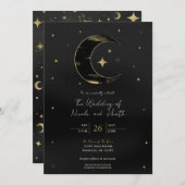Invitation Black & Gold Moderne Lune Céleste Étoiles Mariage (Devant / Derrière)