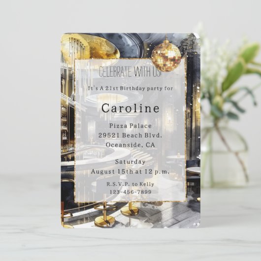 Invitation Black Gold Night Club Party Disco Ball Anniversair (Debout devant)