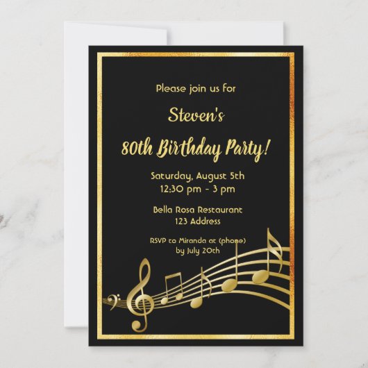 Invitation Black gold notes anniversaire (Devant)