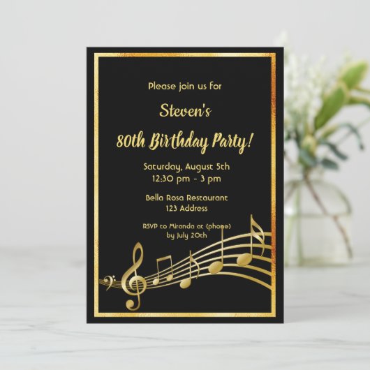 Invitation Black gold notes anniversaire (Debout devant)