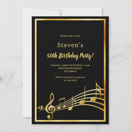 Invitation Black gold notes anniversaire (Devant)