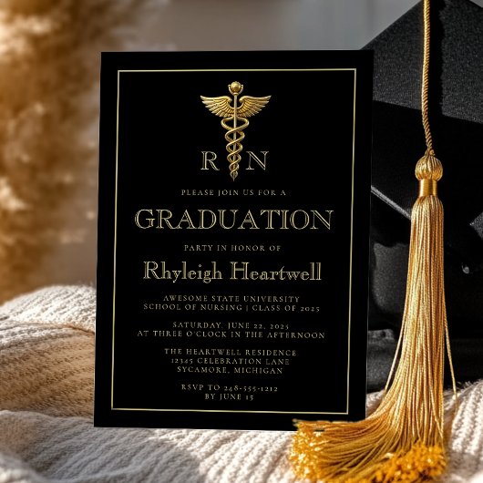 Invitation Black Gold Nurse RN Graduation Party