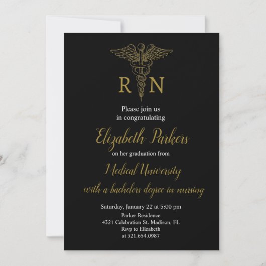 Invitation Black Gold Nursing Graduation Party (Devant)