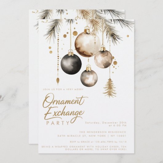 Invitation Black Gold Orament Exchange Noël Party (Devant / Derrière)
