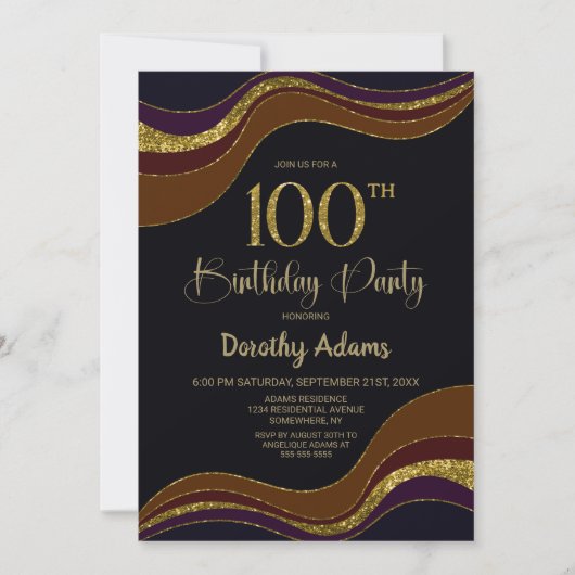 Invitation Black Gold Parties scintillant 100e fête d'anniver (Devant)