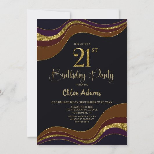 Invitation Black Gold Parties scintillant 21e fête d'annivers (Devant)