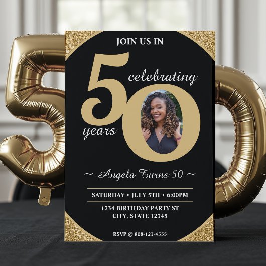 Invitation Black & Gold Parties scintillant 50 Cinquante ans 