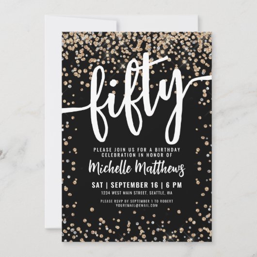 Invitation Black Gold Parties scintillant 50e anniversaire (Devant)