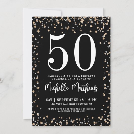 Invitation Black Gold Parties scintillant 50e anniversaire fê (Devant)