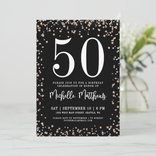 Invitation Black Gold Parties scintillant 50e anniversaire fê (Debout devant)