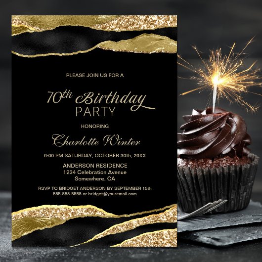 Invitation Black Gold Parties scintillant 70e fête d'annivers