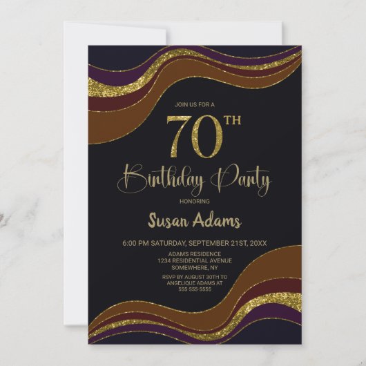 Invitation Black Gold Parties scintillant 70e fête d'annivers (Devant)