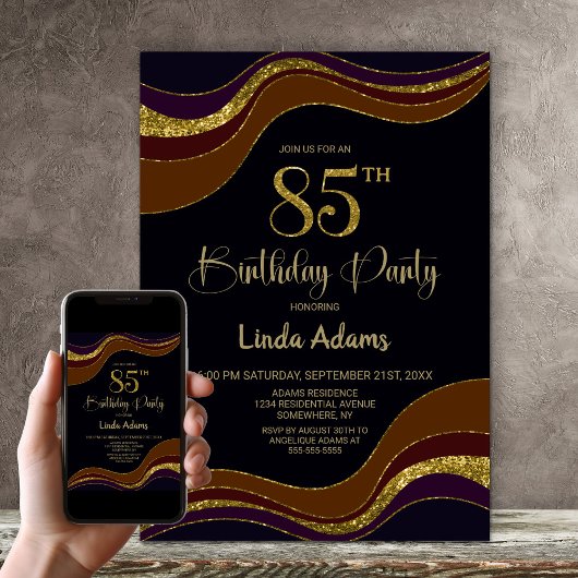 Invitation Black Gold Parties scintillant 85e anniversaire