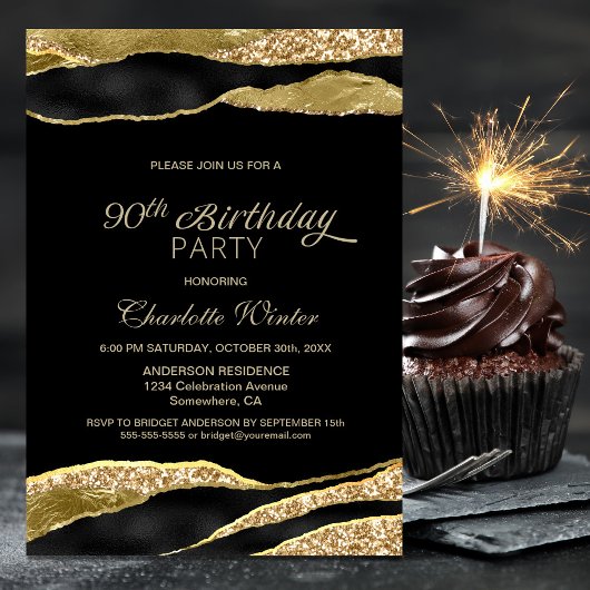 Invitation Black Gold Parties scintillant 90e fête d'annivers
