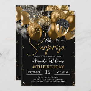 Invitation Black Gold Parties scintillant Ballons 40e Anniver