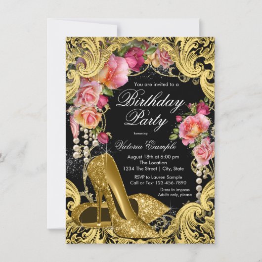 Invitation Black Gold Parties scintillant Chaussures Annivers (Devant)