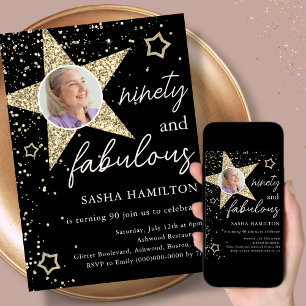 Invitation Black & Gold Parties scintillant Star 90e annivers