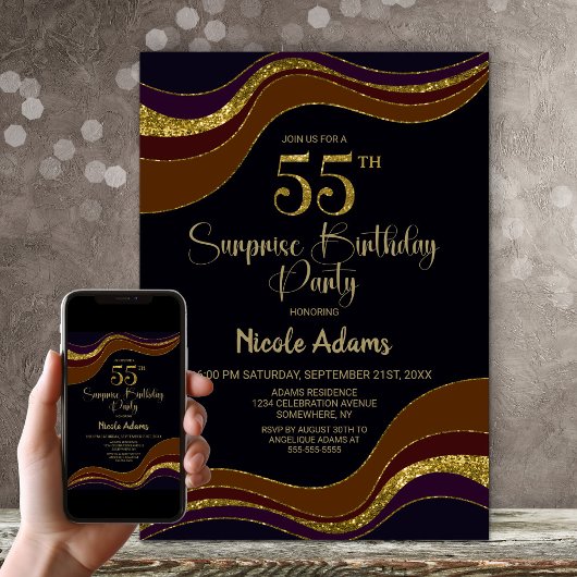 Invitation Black Gold Parties scintillant Surprise 55e annive