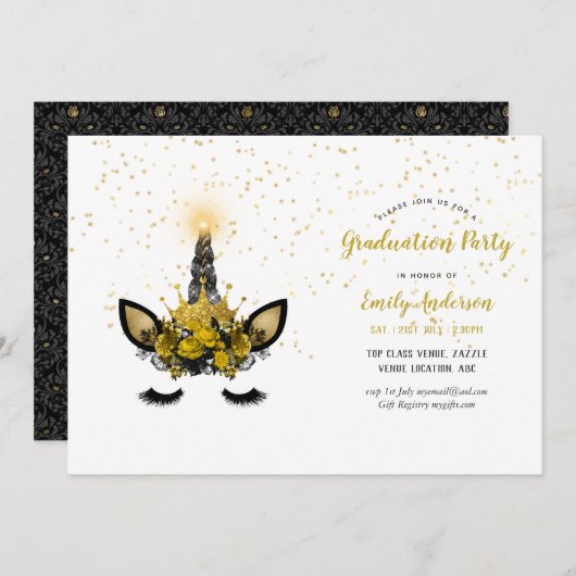 Invitation Black Gold Parties scintillant Unicorn DIPLÔME Fil (Devant / Derrière)