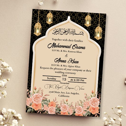 Invitation Black Gold Pêche Floral musulman Mariage arabe