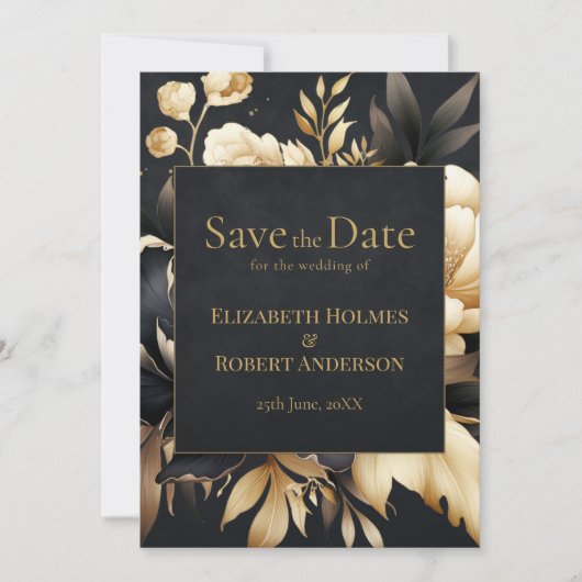 Invitation Black & Gold Peony Gothic Save the Date (Devant)