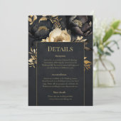 Invitation Black & Gold Peony Wedding Details Card (Debout devant)