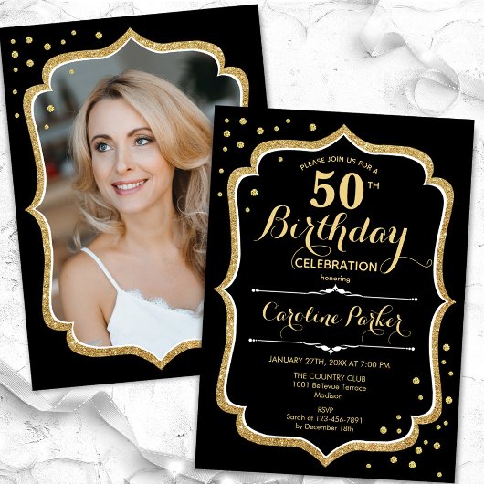 Invitation Black Gold Photo 50e anniversaire