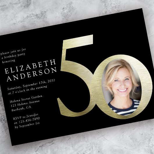 Invitation Black Gold Photo 50e anniversaire