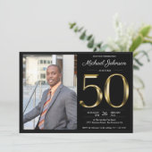 Invitation Black Gold Photo 50th Birthday Party (Debout devant)