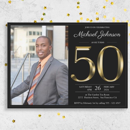 Invitation Black Gold Photo 50th Birthday Party