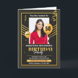 Invitation Black Gold Photo 50th Birthday Party Élégant<br><div class="desc">Joyeuse photo d'anniversaire or Black Elegant Party Invitation</div>