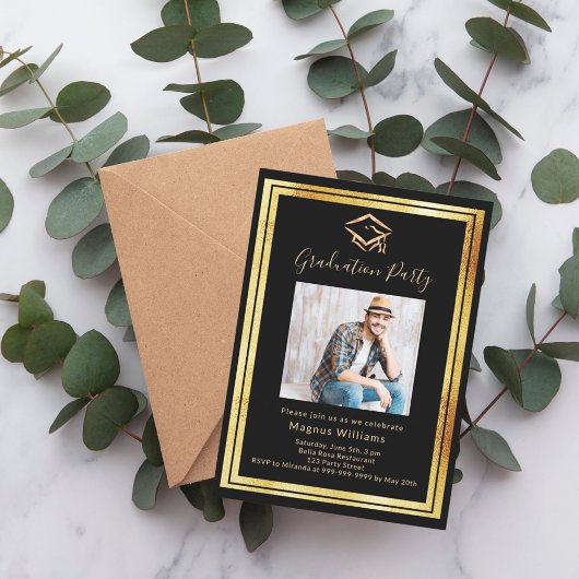 Invitation Black Gold photo Graduation Party