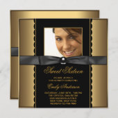 Invitation Black Gold Photo Sweet 16 Party (Devant / Derrière)