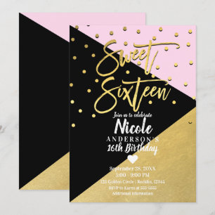 Invitation Black Gold & Pink Modern Script Sweet 16 Seteen