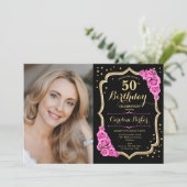 Invitation Black Gold Pink Photo 50e anniversaire (Debout devant)
