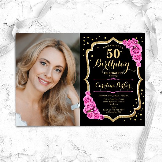 Invitation Black Gold Pink Photo 50e anniversaire