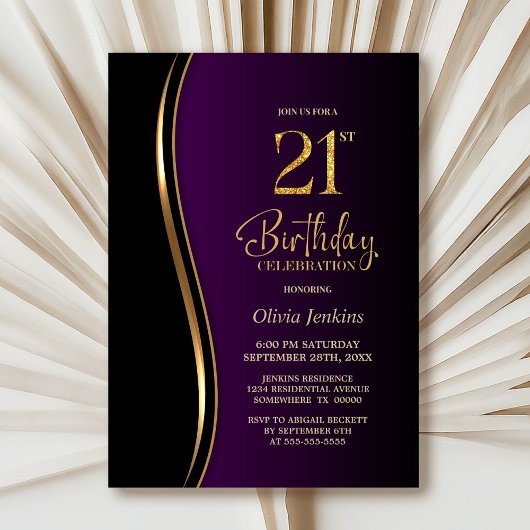Invitation Black Gold Purple 21e fête d'anniversaire