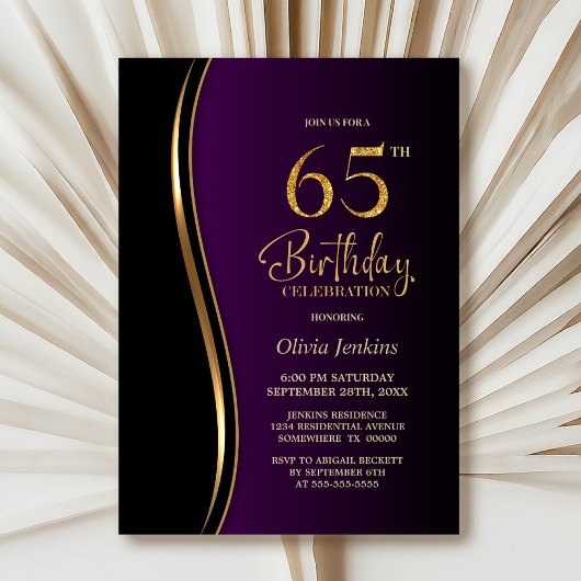 Invitation Black Gold Purple 65e fête d'anniversaire
