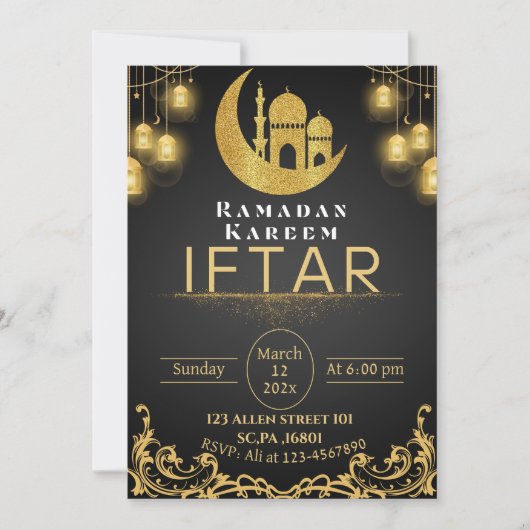 Invitation Black & Gold Ramadan Iftar Party (Devant)