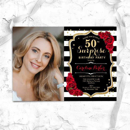 Invitation Black Gold Red Photo Surprise 50e anniversaire