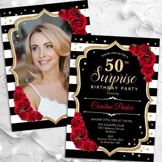 Invitation Black Gold Red Photo Surprise 50e anniversaire